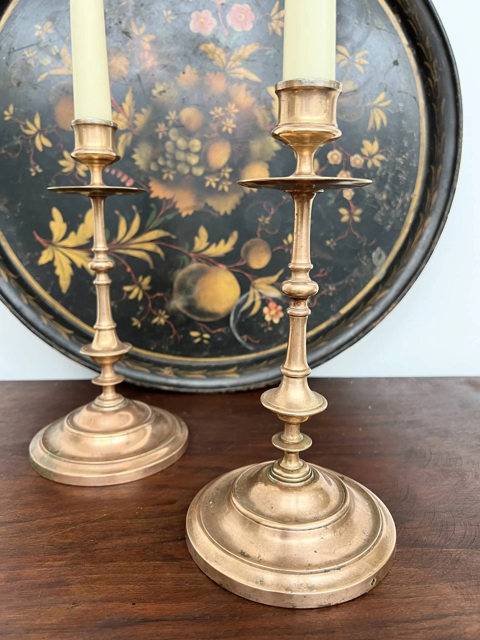 Pair of antique turned rose brass candlesticks (24 cm)