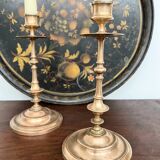 Pair of antique turned rose brass candlesticks (24 cm)