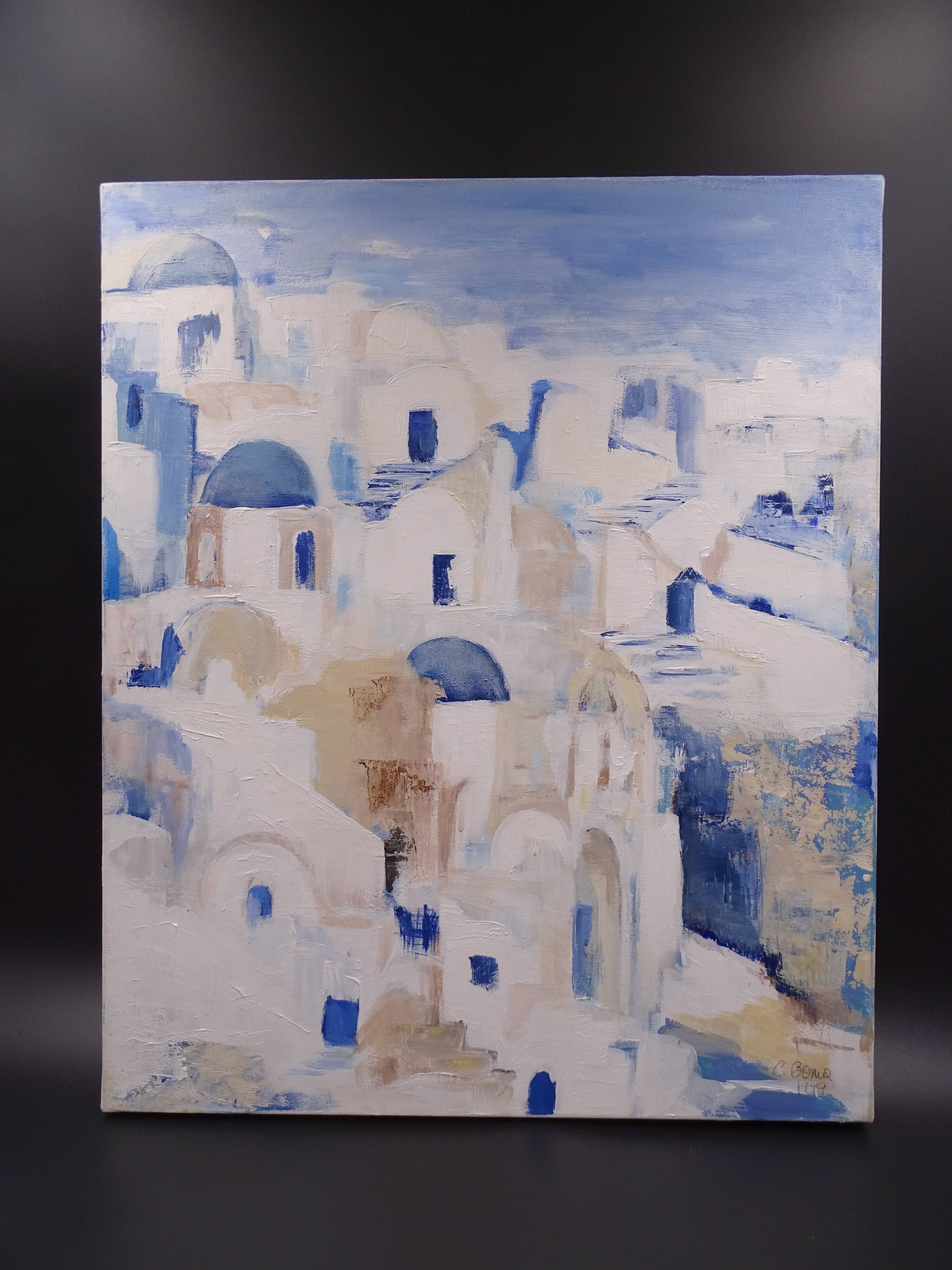 The Greek village - Pastel blue and ochre tones - Signed dated