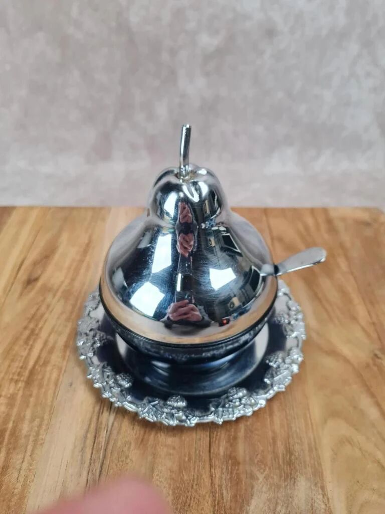 Vintage cobalt sugar bowl & chrome metal – pear shape