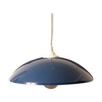 Suspension lamp with blue metal conical lampshade and white standard cord