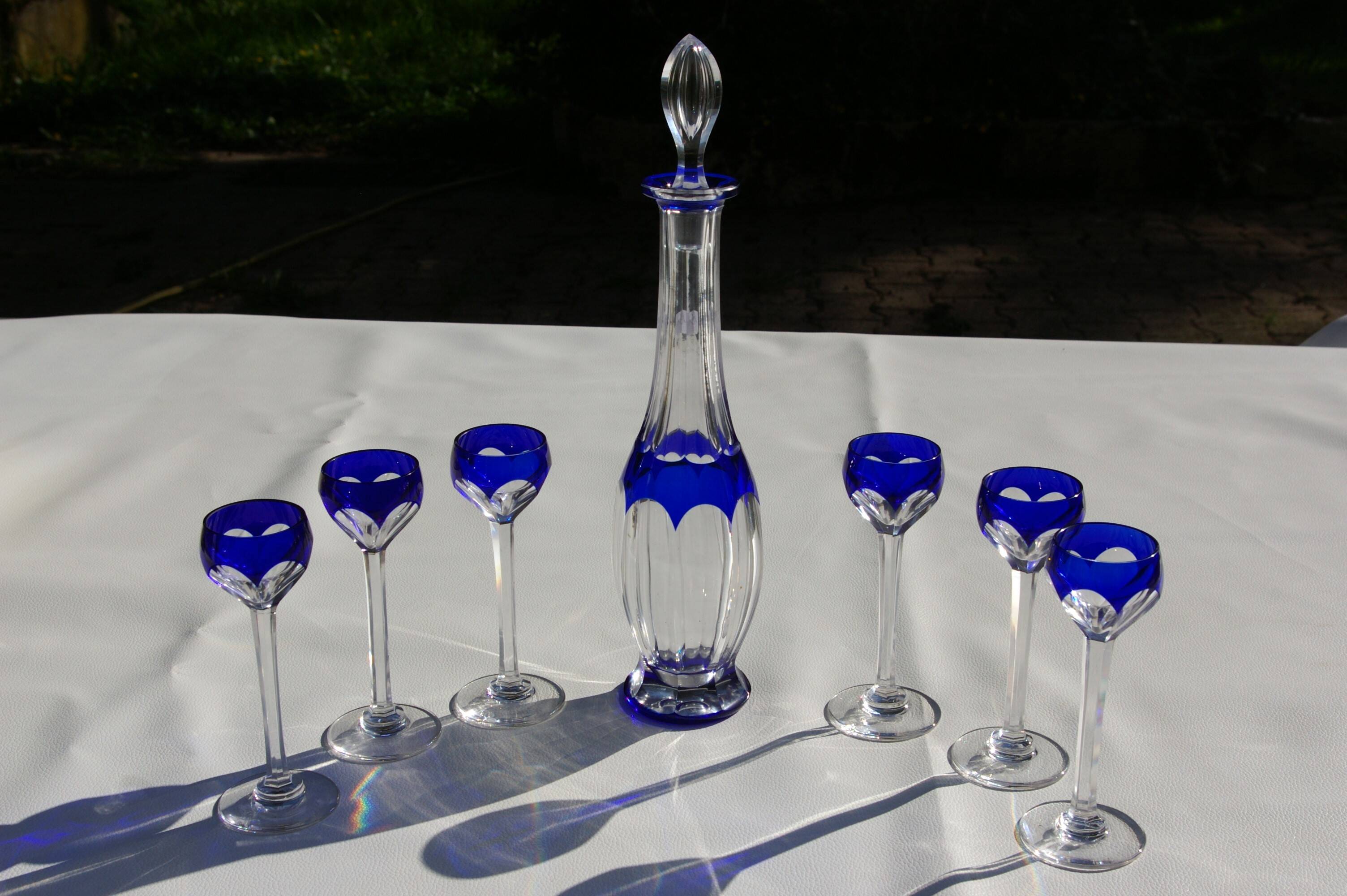 St. Louis BristoL pattern cut crystal liqueur set with blue overlay