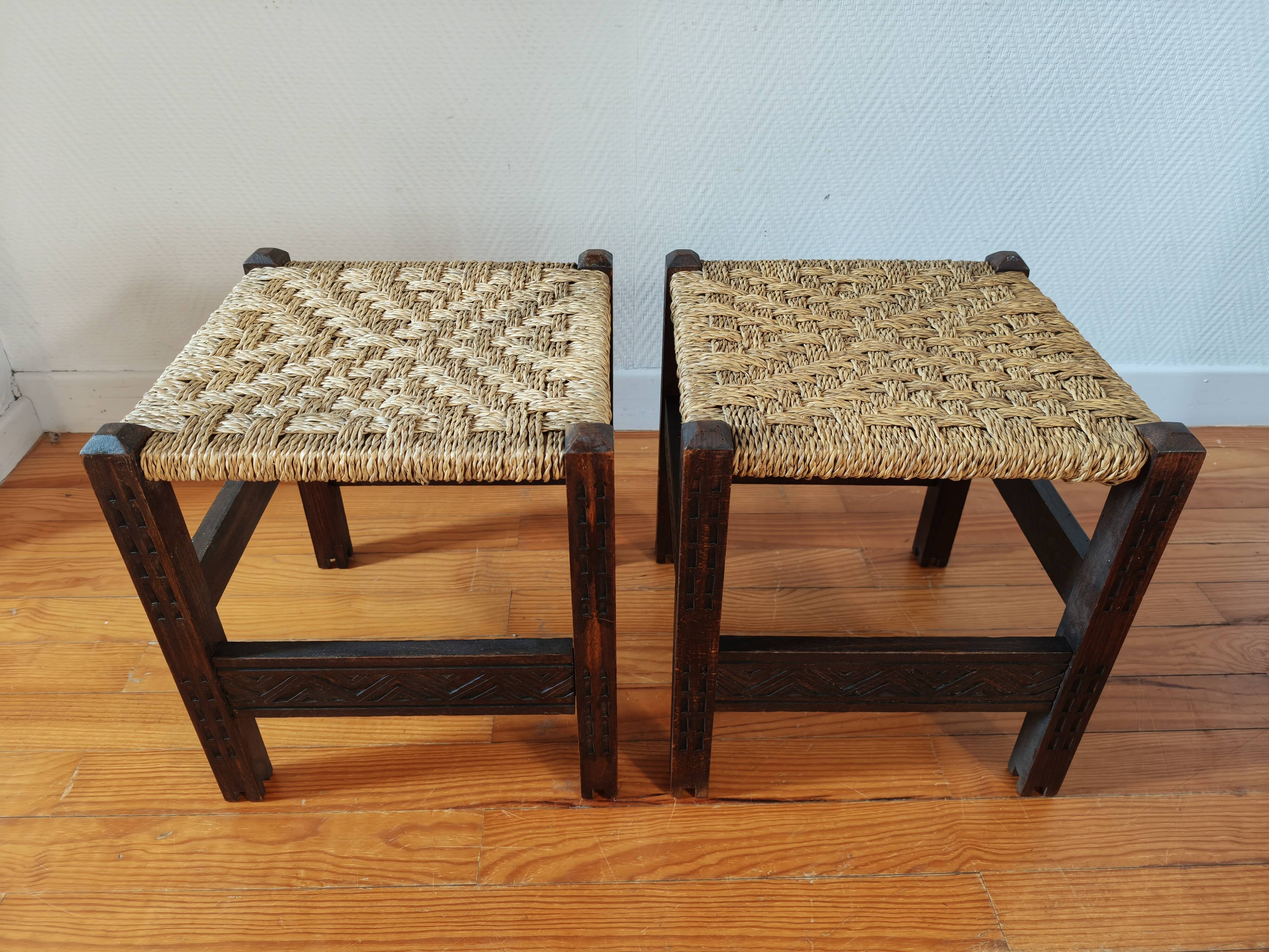 Pair of handcrafted stools from Friuli in carved wood, Italy, circa 1960.