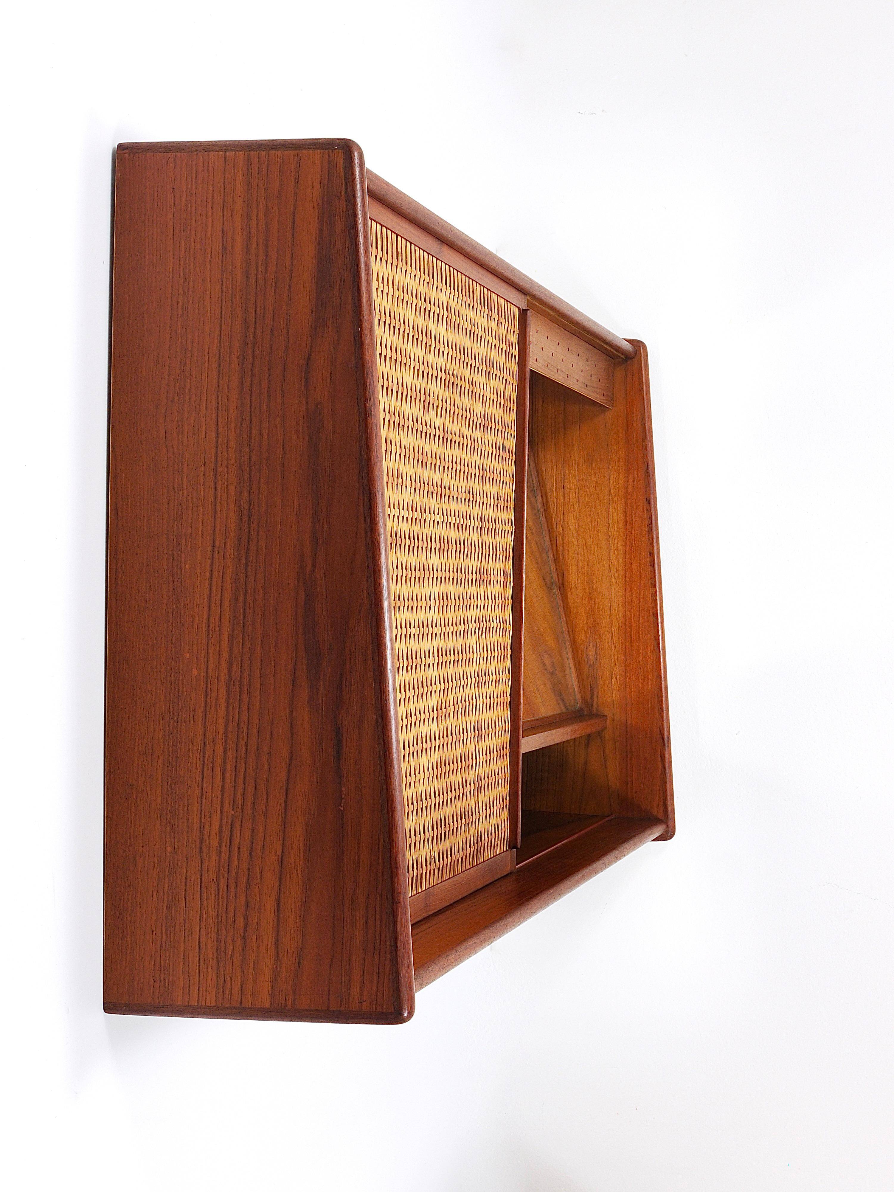 Arne Wahl Iversen Wall Mirror & Shelf Cabinet, Teak & Cane for Brenderup Denmark