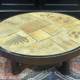Beech coffee table with ceramic top, herbarium decoration by Raymonde Leduc Vallauris