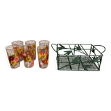 Set of 6 Arcoroc flower glasses set with metal basket