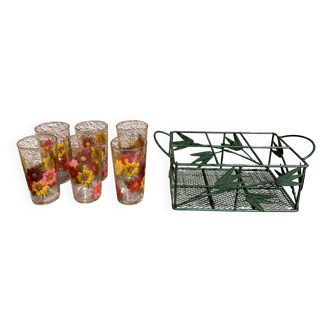 Set of 6 Arcoroc flower glasses set with metal basket