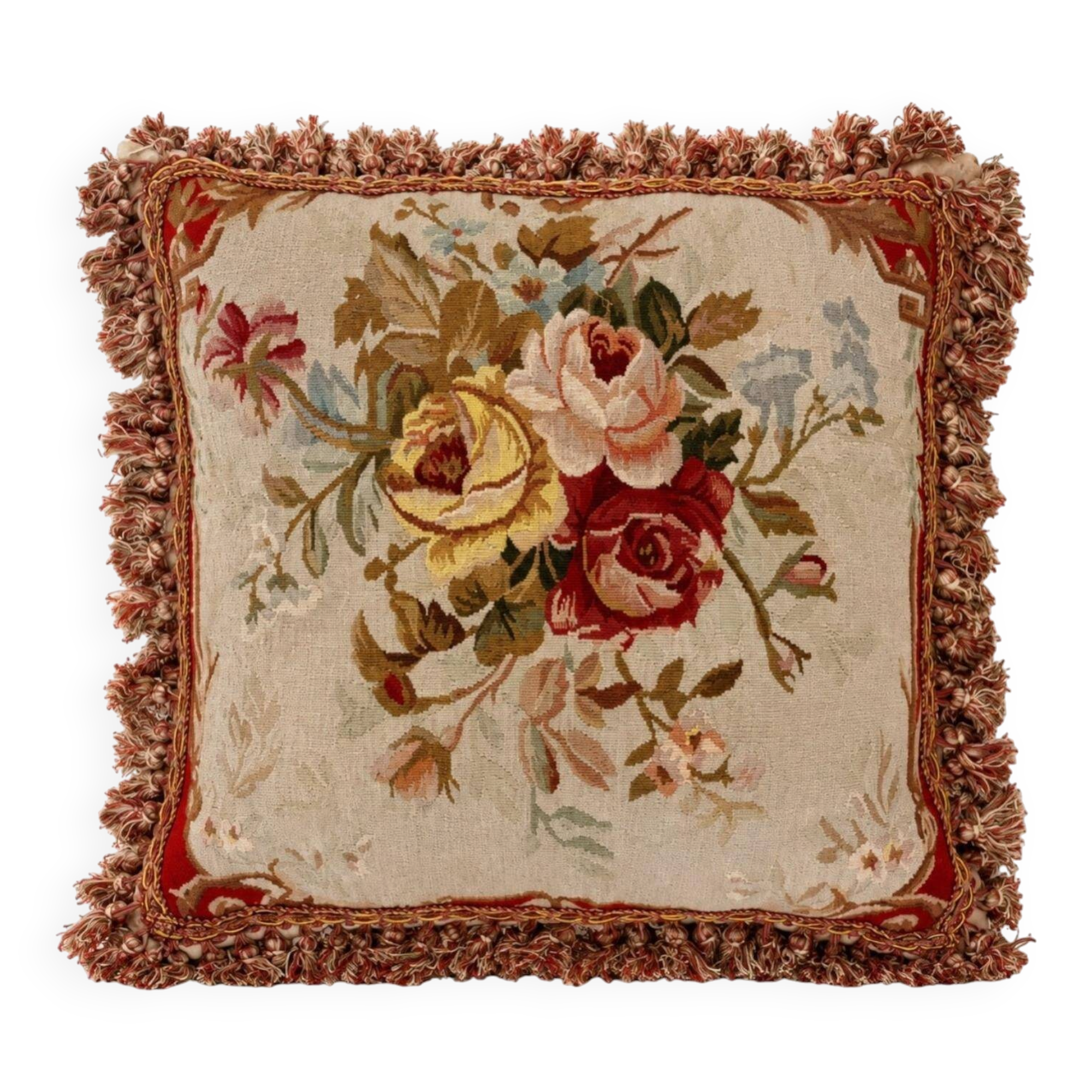 French Style Aubusson Floral Tapestry Cushion, Rose Bouquet & Tassel Fringe