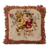 Coussin en tapisserie Aubusson de style français, bouquet de roses et frange à pompons