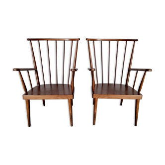 Paire de fauteuils en bois vintage Baumann modèle Éventail années 60