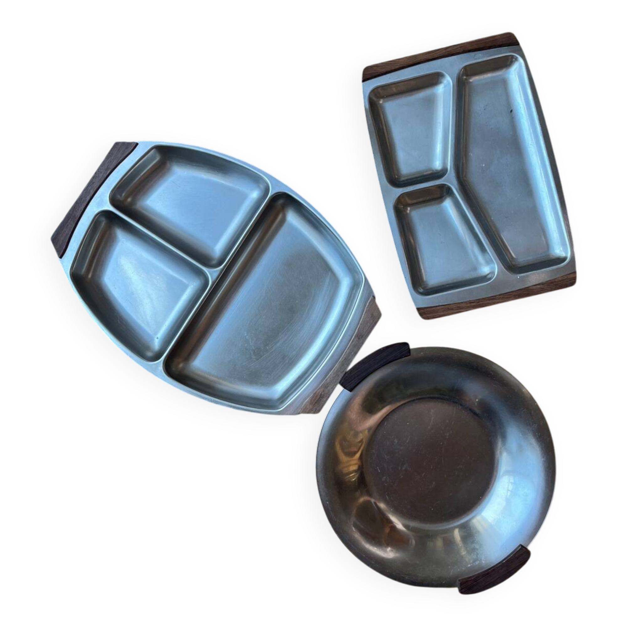Scandinave. 3 plateaux de service palissandre inox