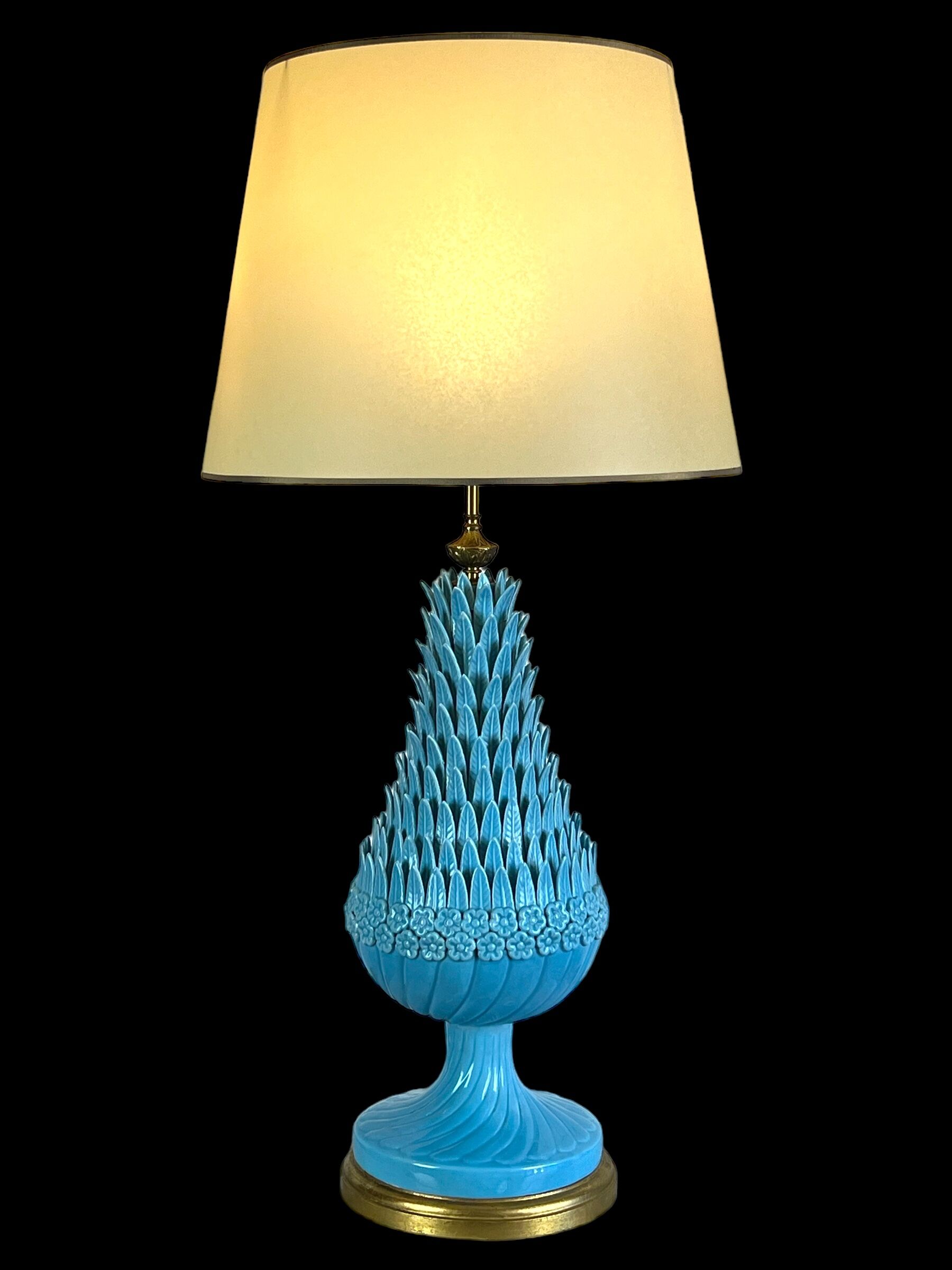 1.05 m pineapple lamp in turquoise ceramic on a gilded wooden base from the 1950s
