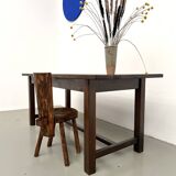 Solid pine workbench, grooved top, satin brown finish.