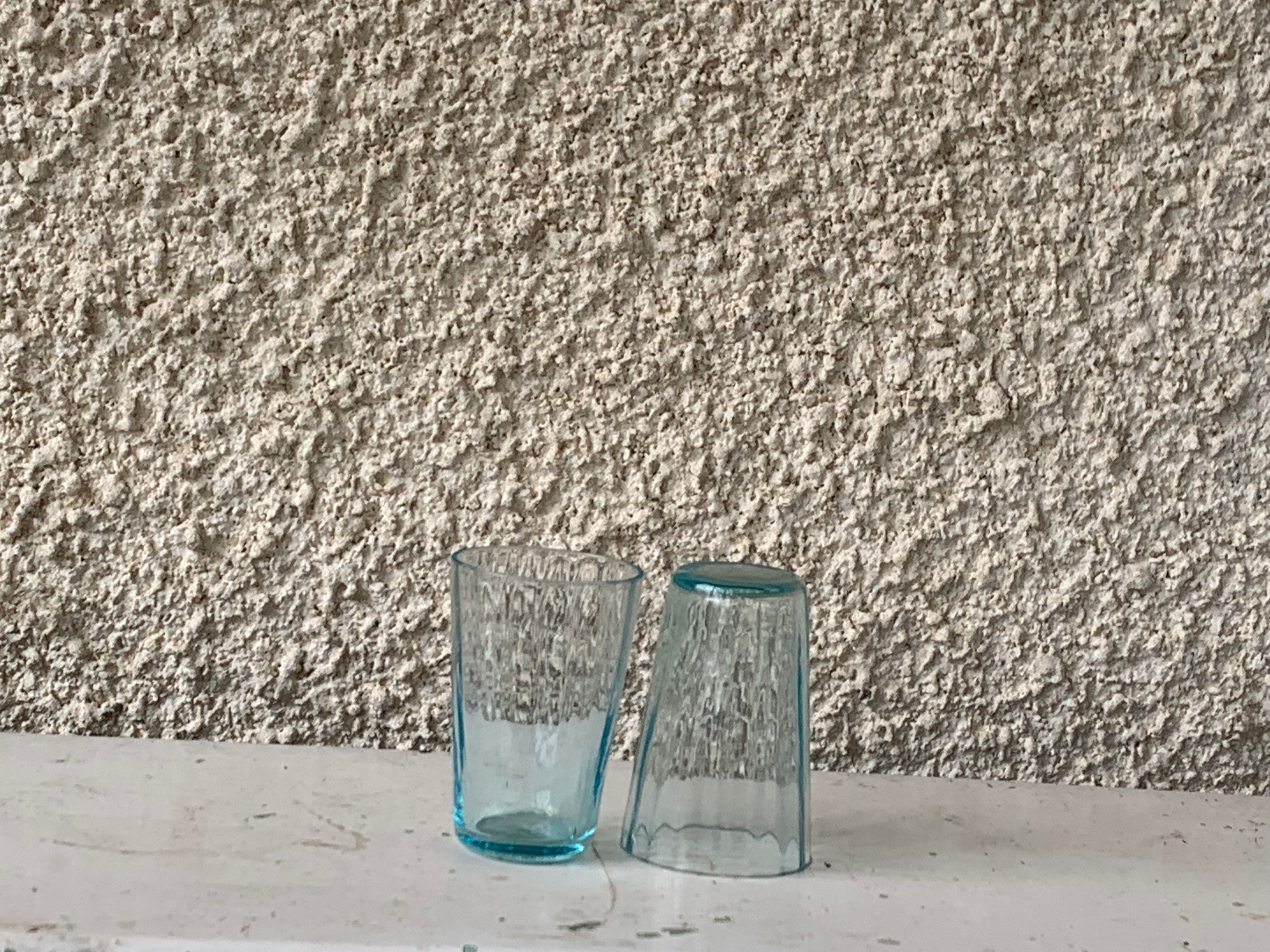 Carafe and 5 old blue glass liqueur glasses