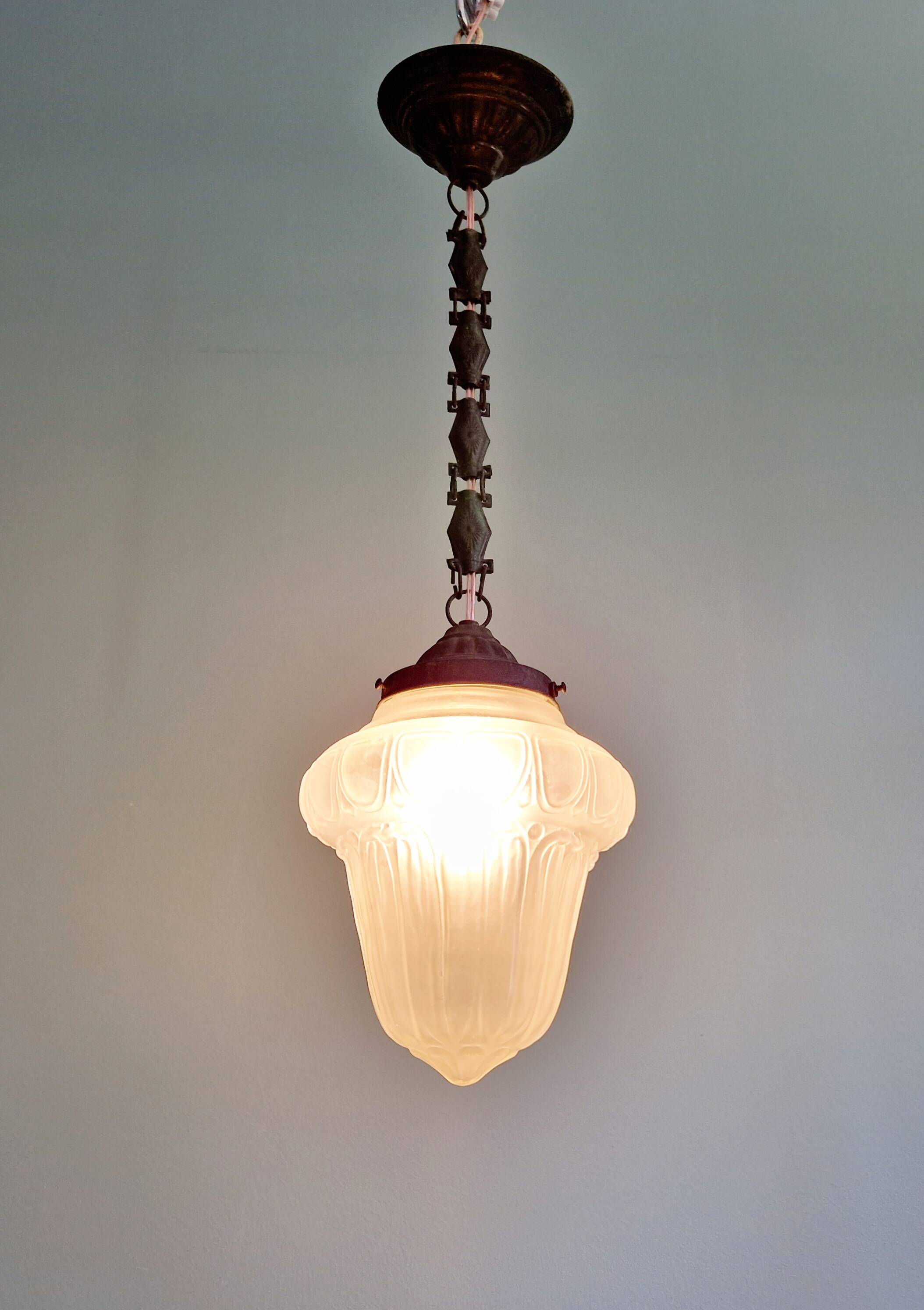 Art Deco pendant light in transparent satin glass, 1920s-30s