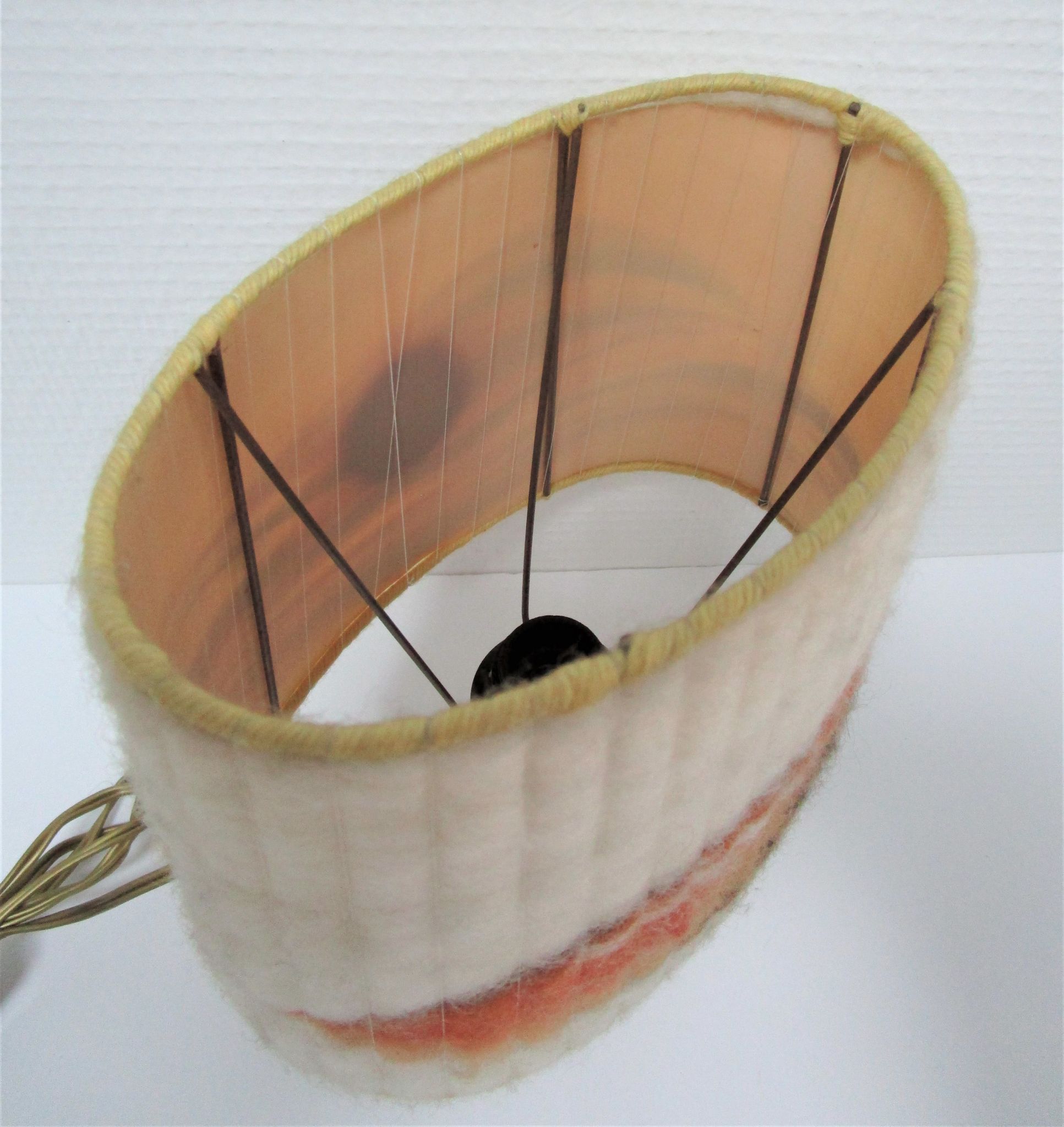 Wood lamp and vintage wool lampshade vintage, 70s