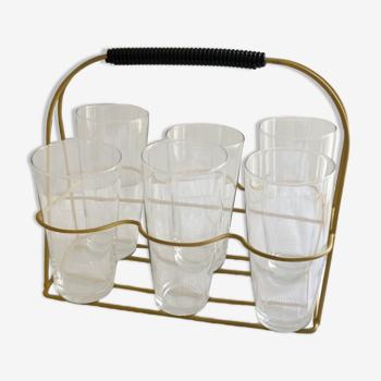 Glass holder in scoubidou and its 6 glasses 1960