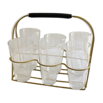 Porte verres en scoubidou et ses 6 verres 1960