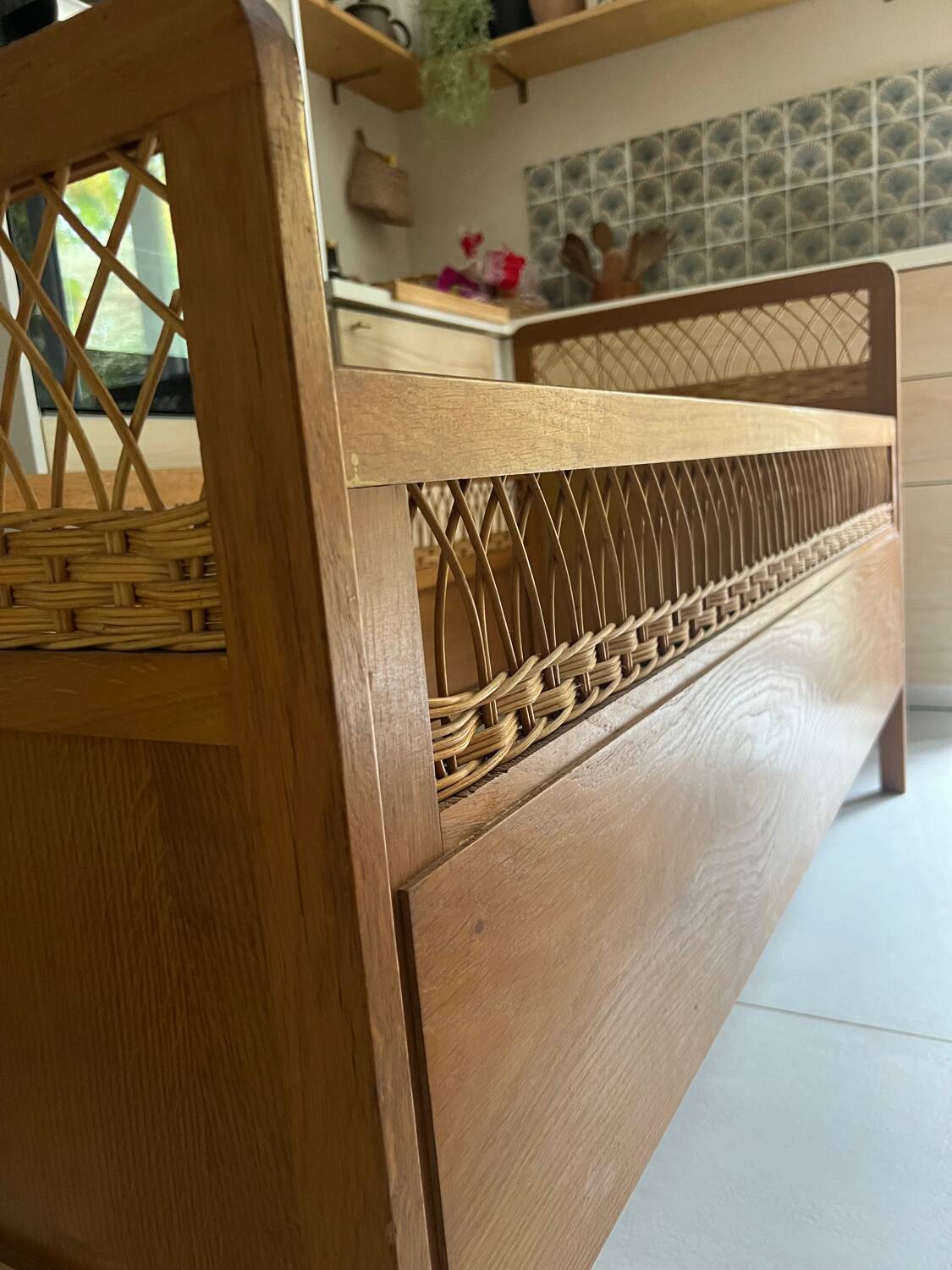 Vintage bed in wood and caning – 1950s/60s, signed workshop