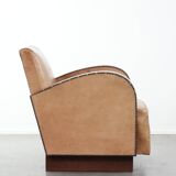 Art Deco design armchair made of cowhide leather in light cognac colour