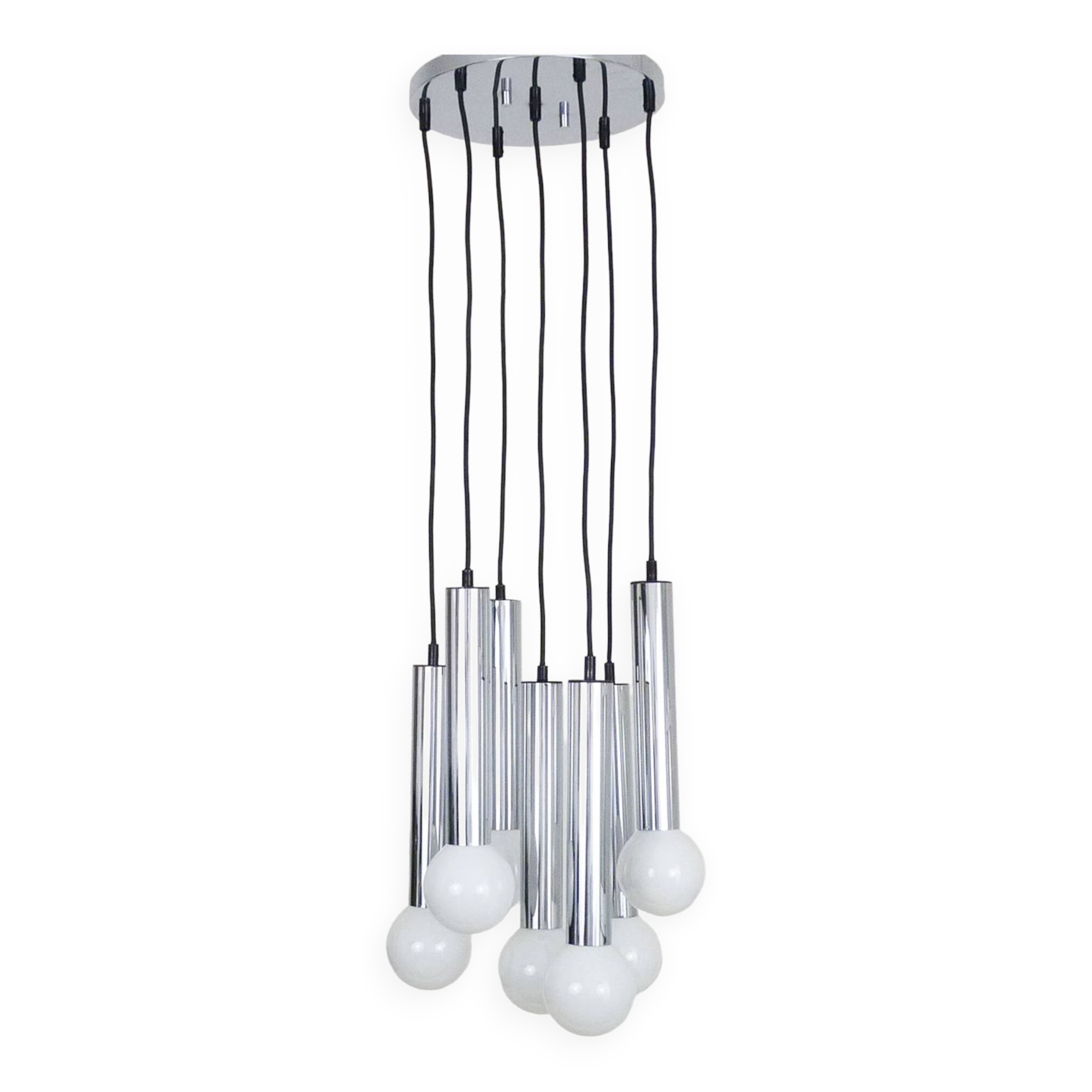 Vintage chrome metal waterfall pendant light with 7 lights Doria Leuchten. 70s