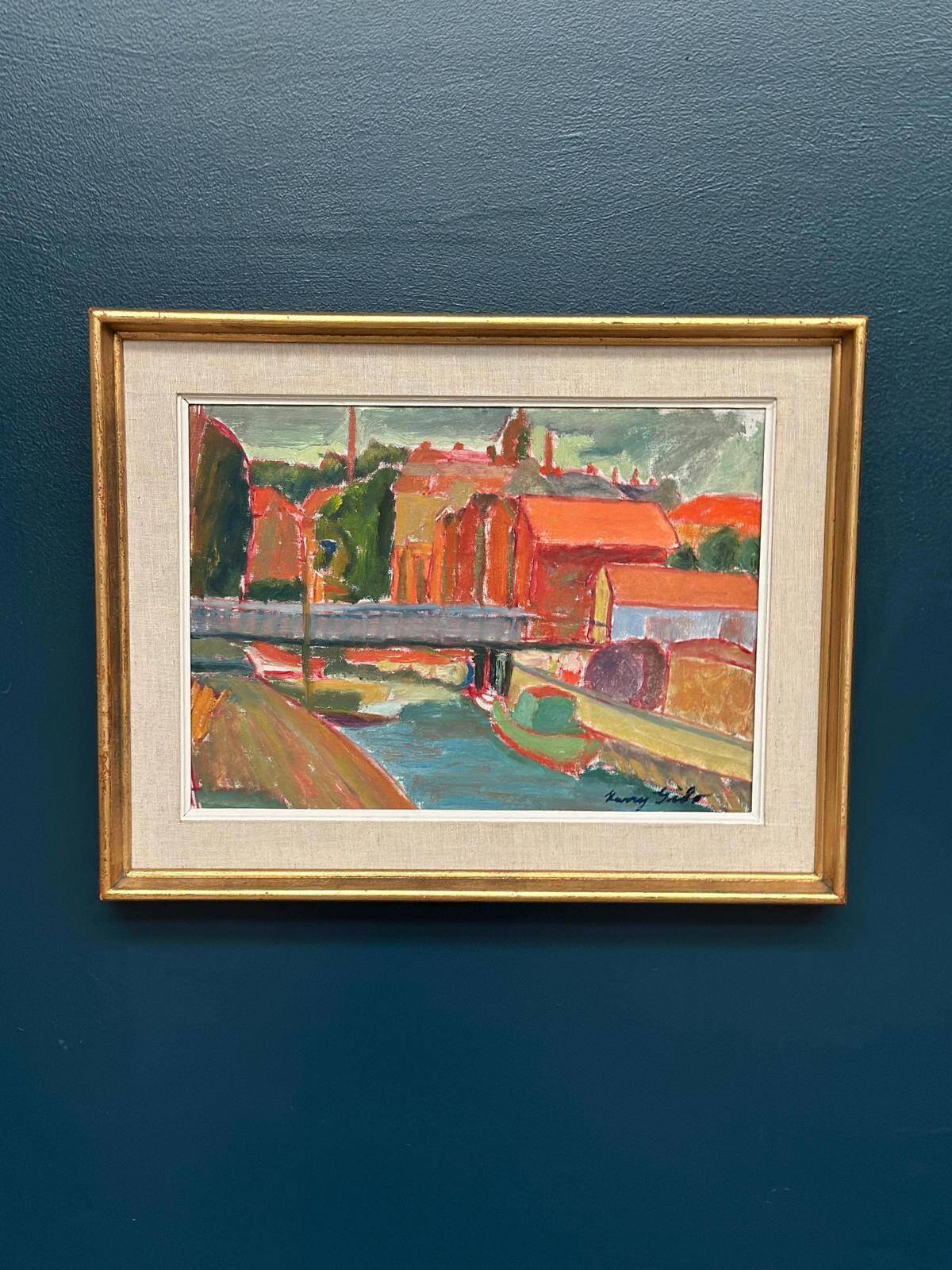 Huile sur toile originale suédoise – « Village » par Kerry Gado – Vintage et encadrée – 59 × 46 cm (23,2" × 18,1")