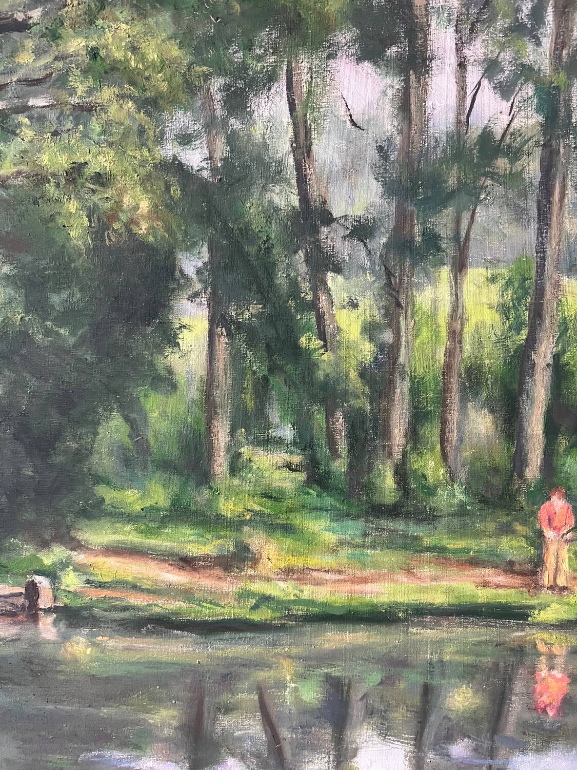 Fishermen at Brochard Pond, signed M. Louis, 1981