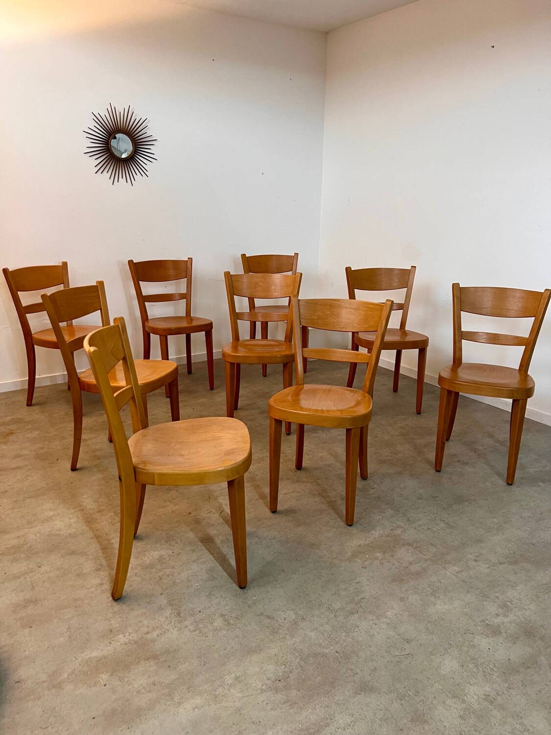 Set of 9 vintage wooden bistro chairs designed by Horgen Glarus