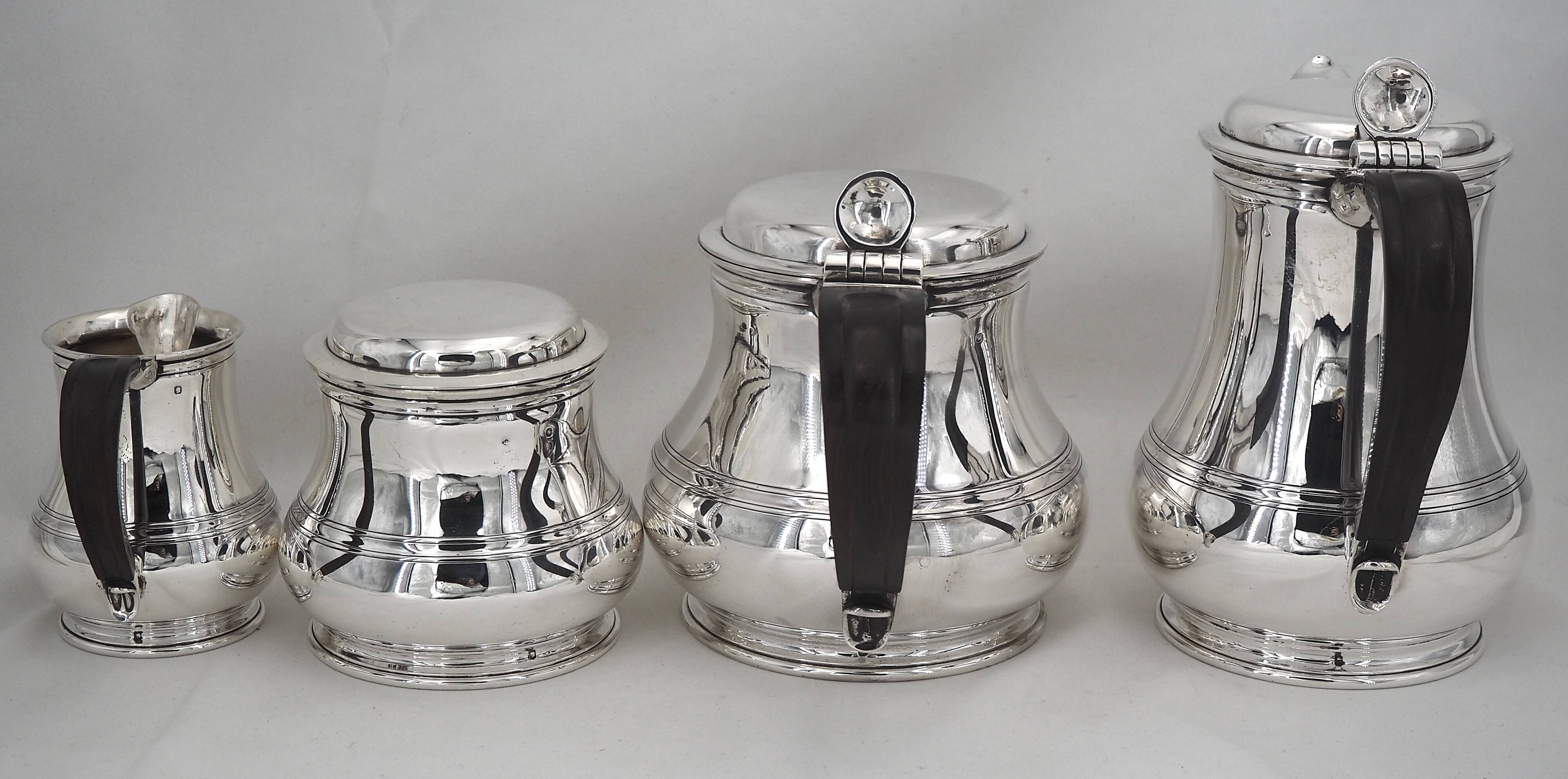Puiforcat, tea and coffee service, 4 pieces, solid silver Minerva, excellent condition.