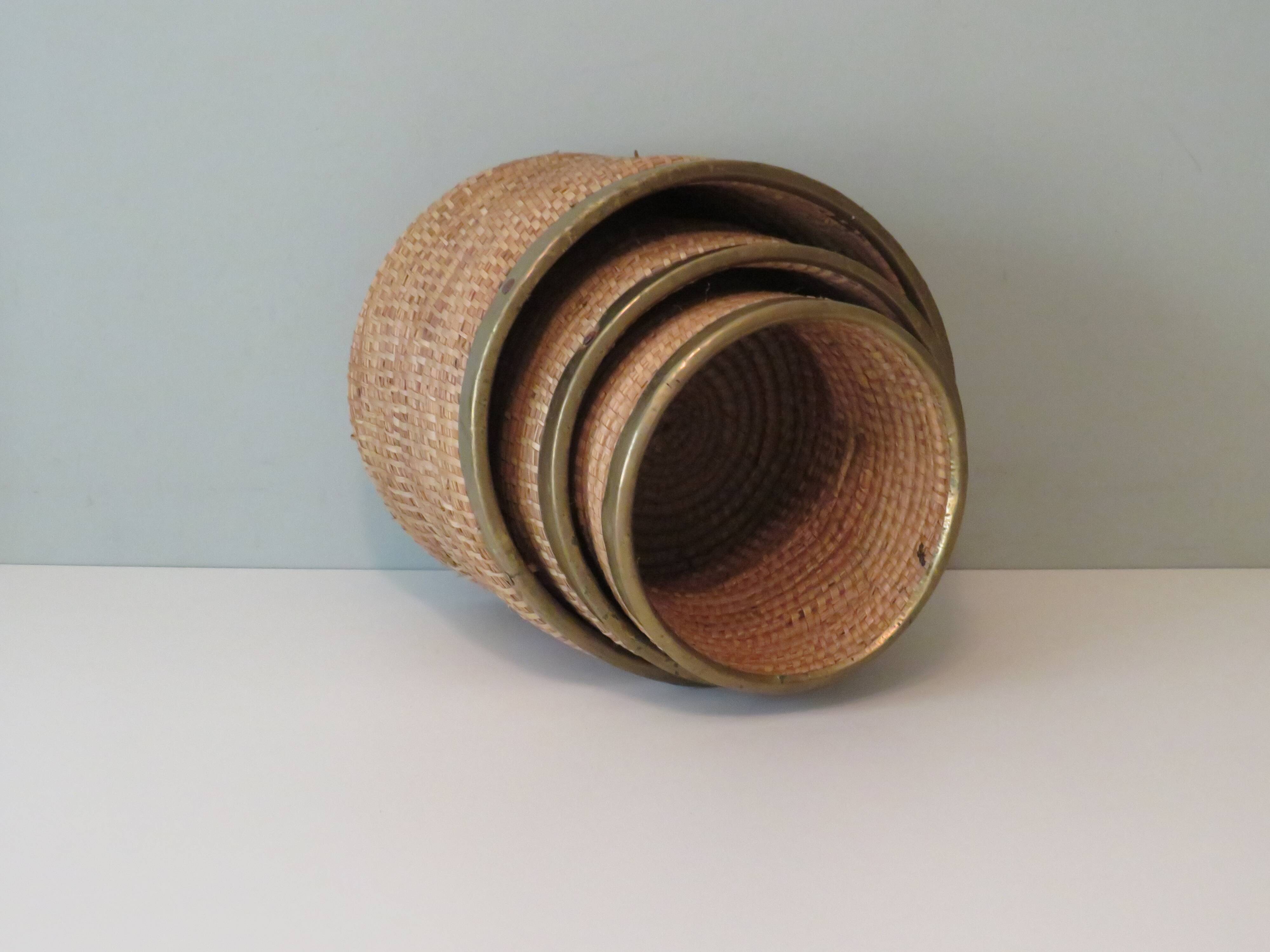 Ensemble de 3 cache-pots vintage en roseau et laiton, Italie 1970