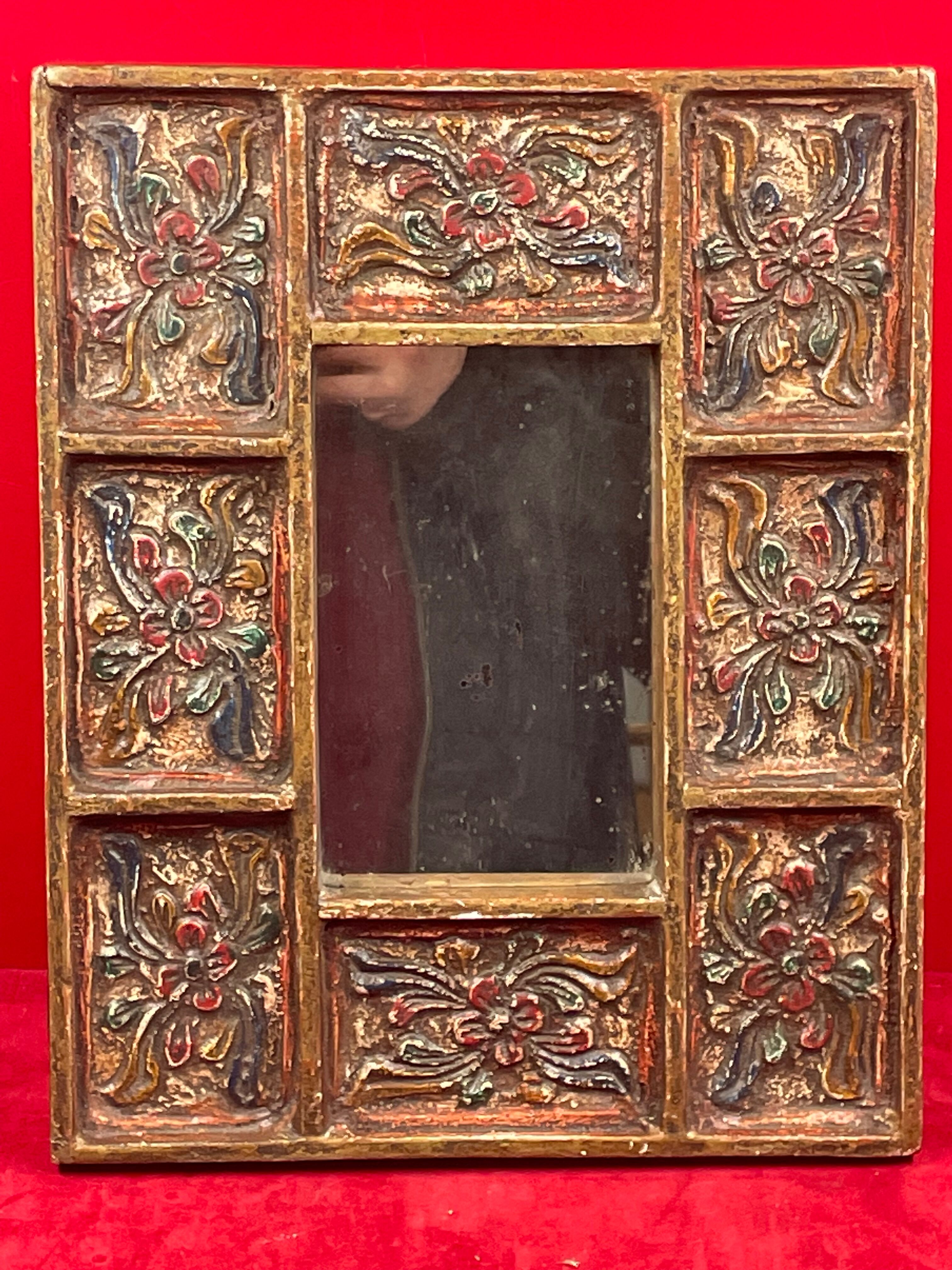 Vintage hand-painted mirror on carved wood, probably Peru, 20th century