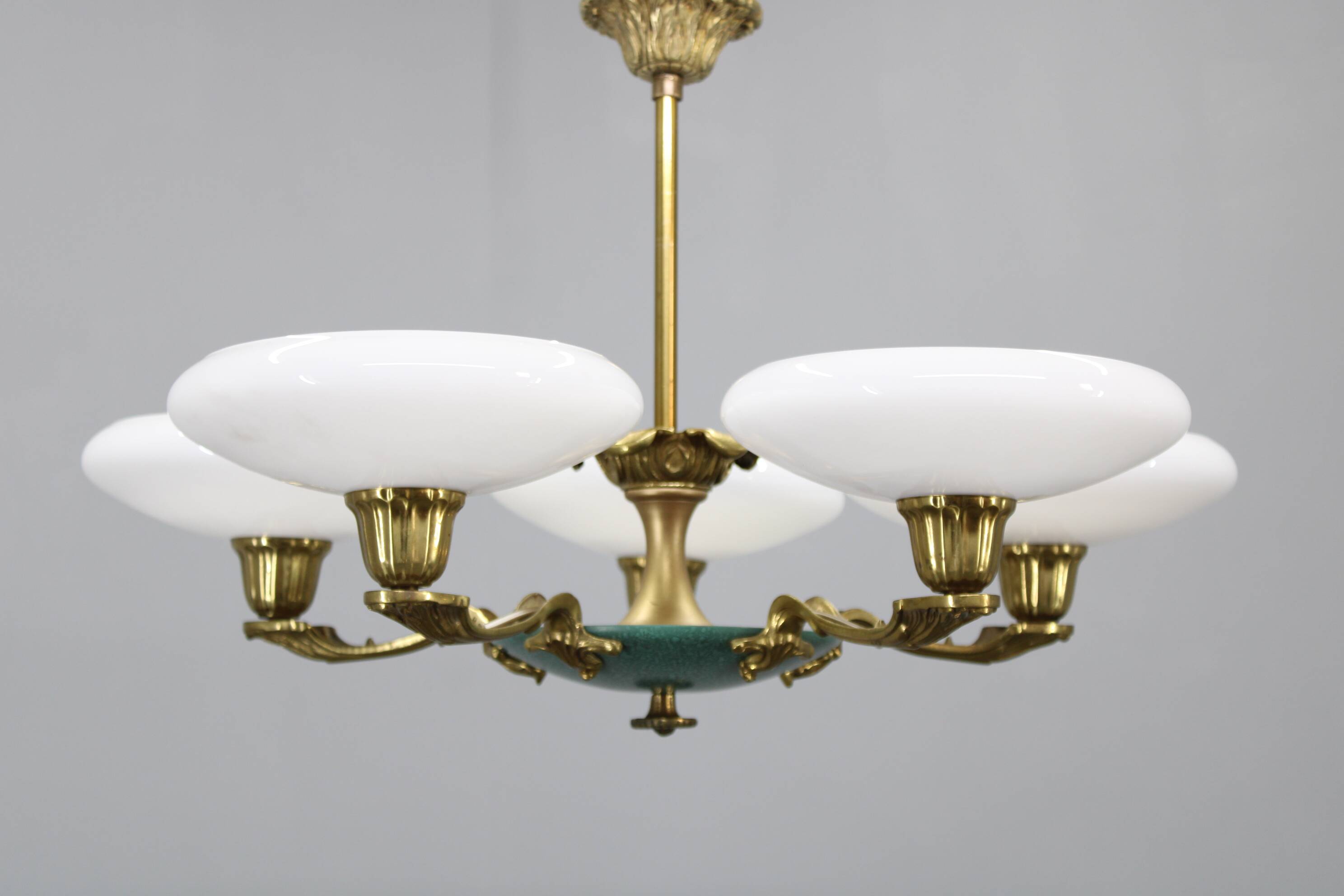 Art Deco six-light chandelier in chrome, brass and opaline glass