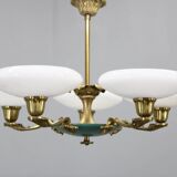 Art Deco six-light chandelier in chrome, brass and opaline glass