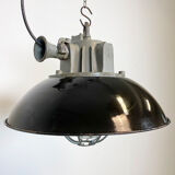 Black enamel and cast iron industrial cage pendant light , 1950s
