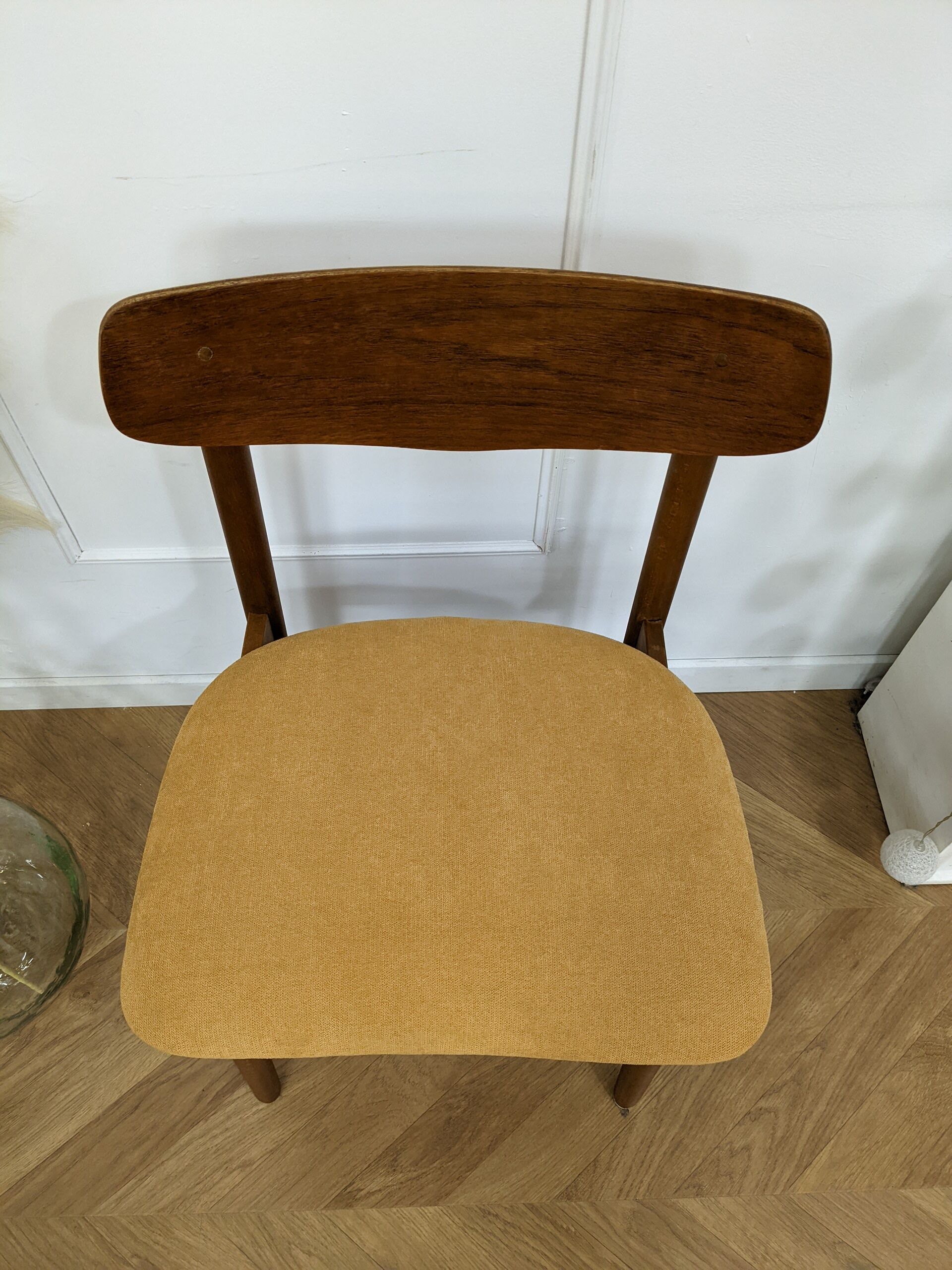 Scandinavian chair with mustard yellow fabric