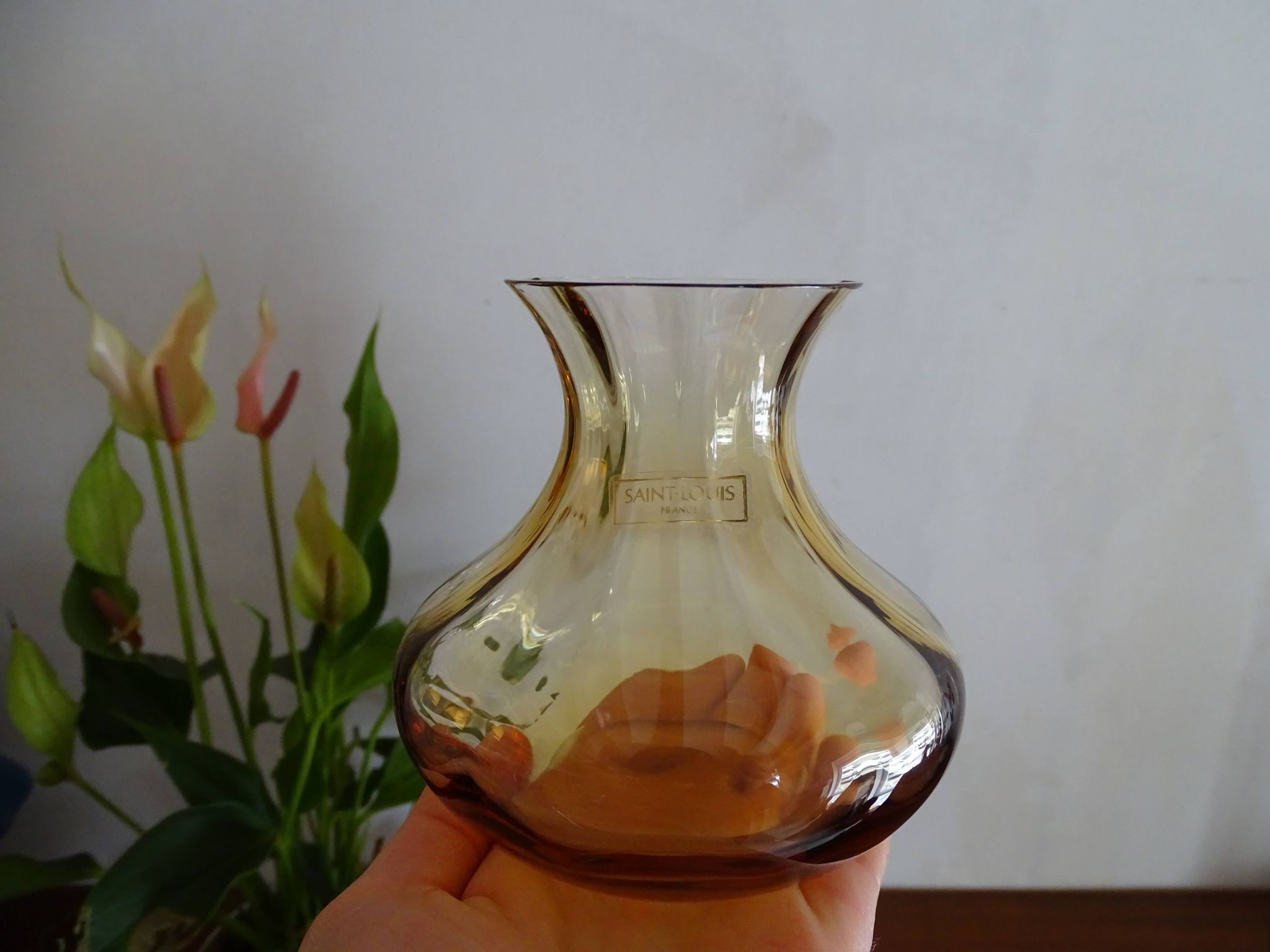 Crystal vase Saint Louis venetian amber orange ribs signed