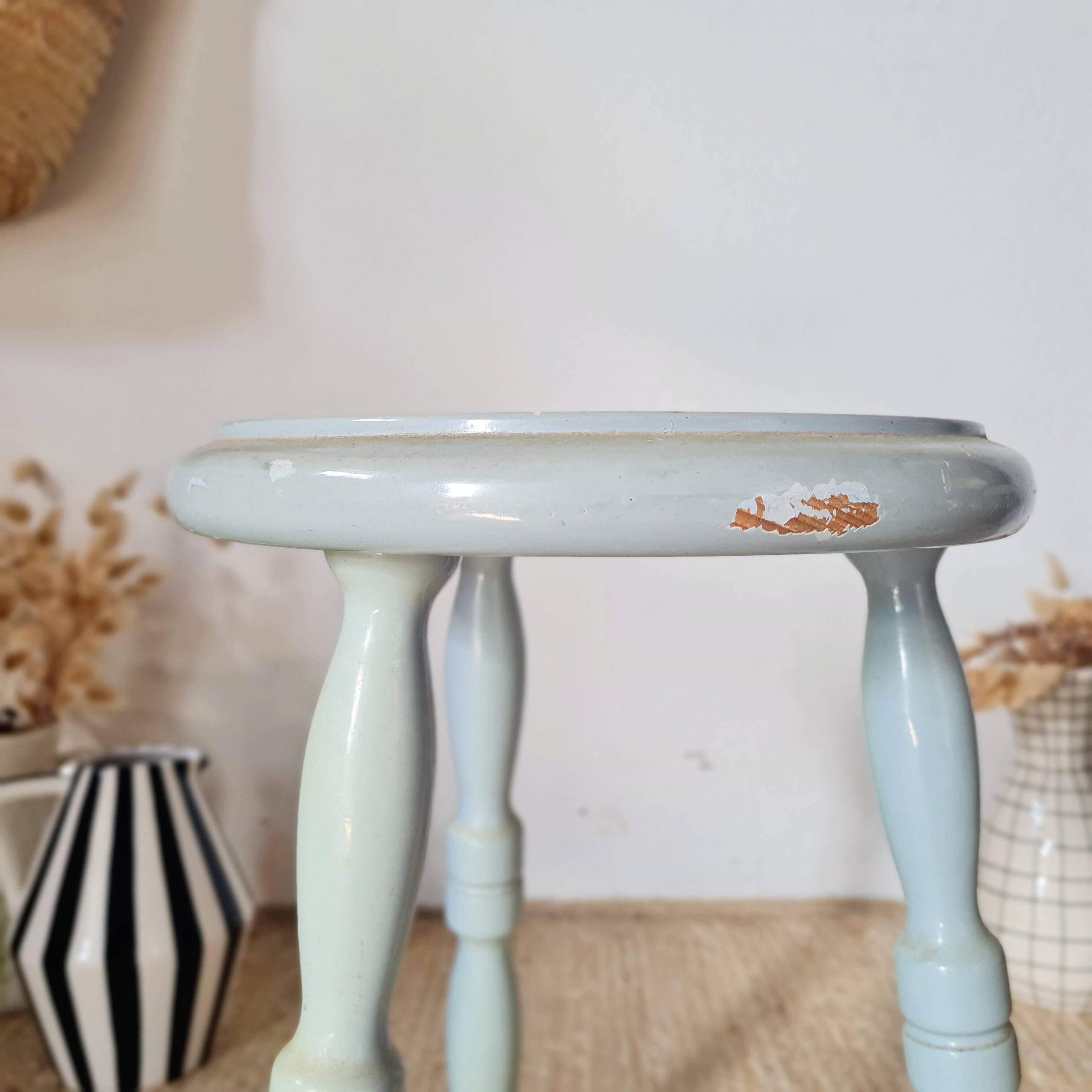 Antique tripod stool, solid wood, blue.