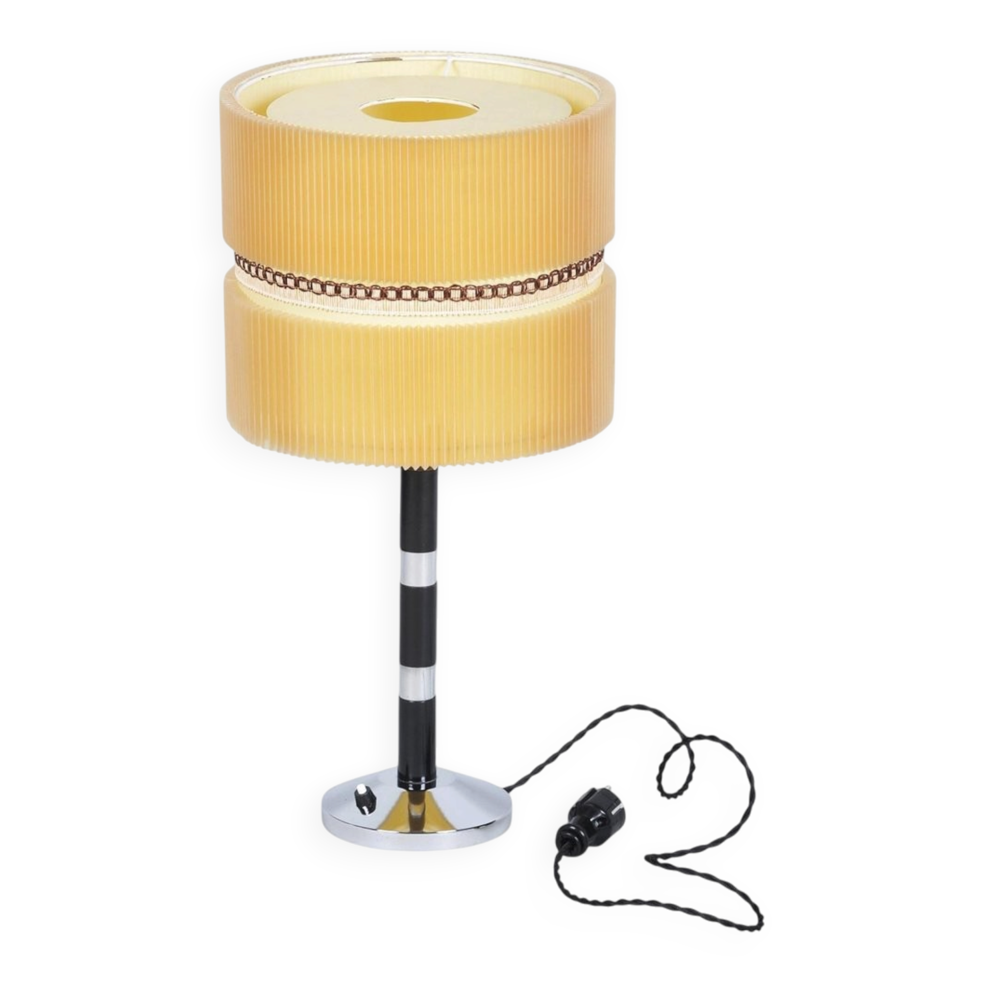 Lampe de table tchèque Art Déco en acier chromé, hêtre et parchemin, années 1940
