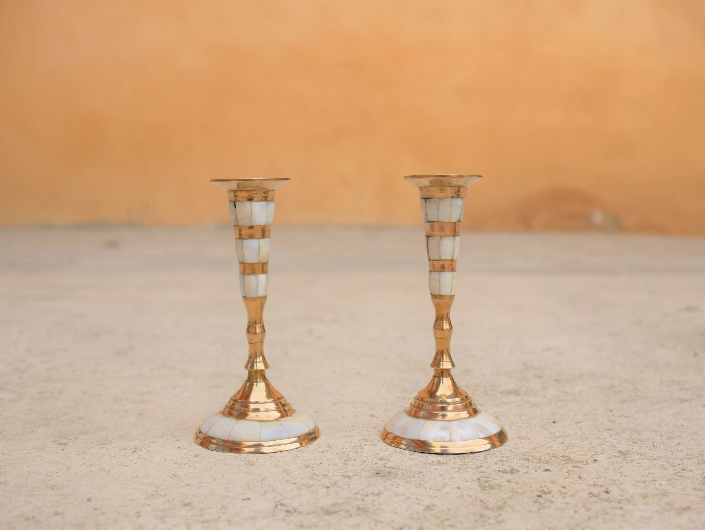 Pair of vintage brass and mother-of-pearl candlesticks