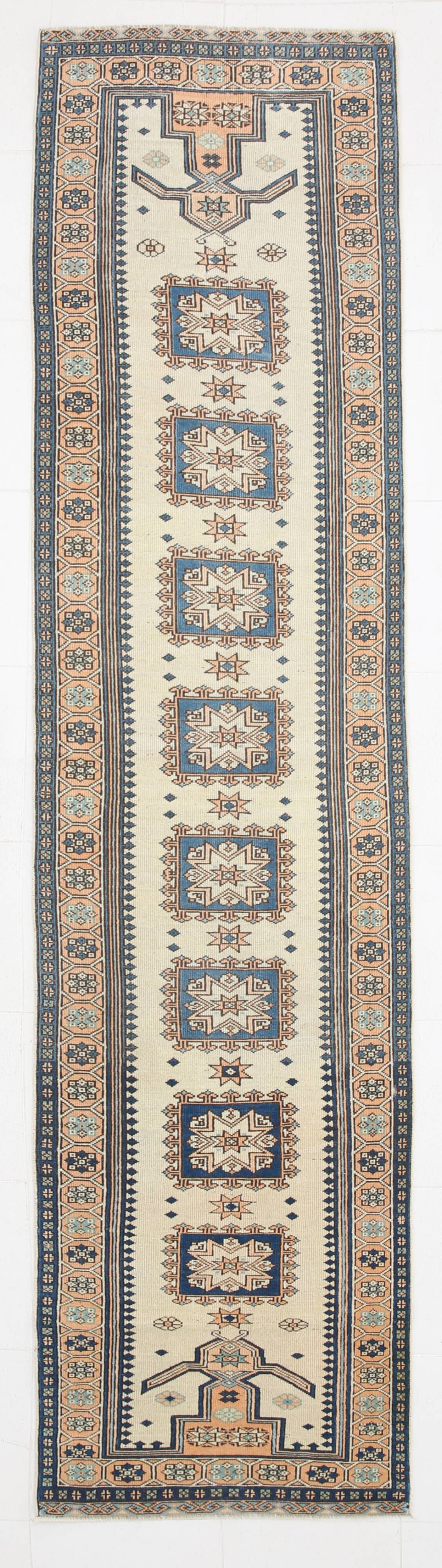 2x11 shades of cream blue oushak runner rug