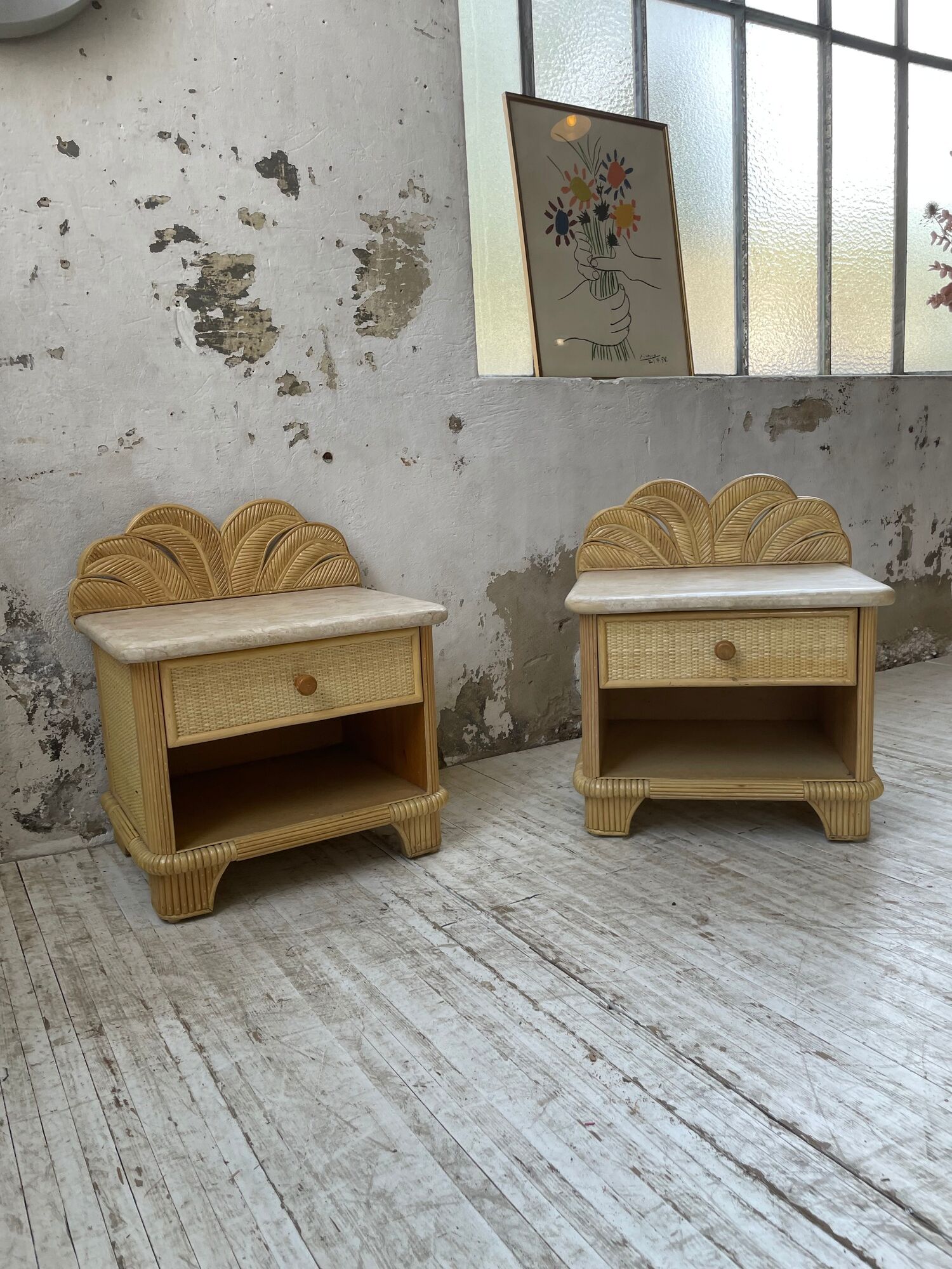 Pair of travertine bedside and rattan palm tree "vivai del sud"