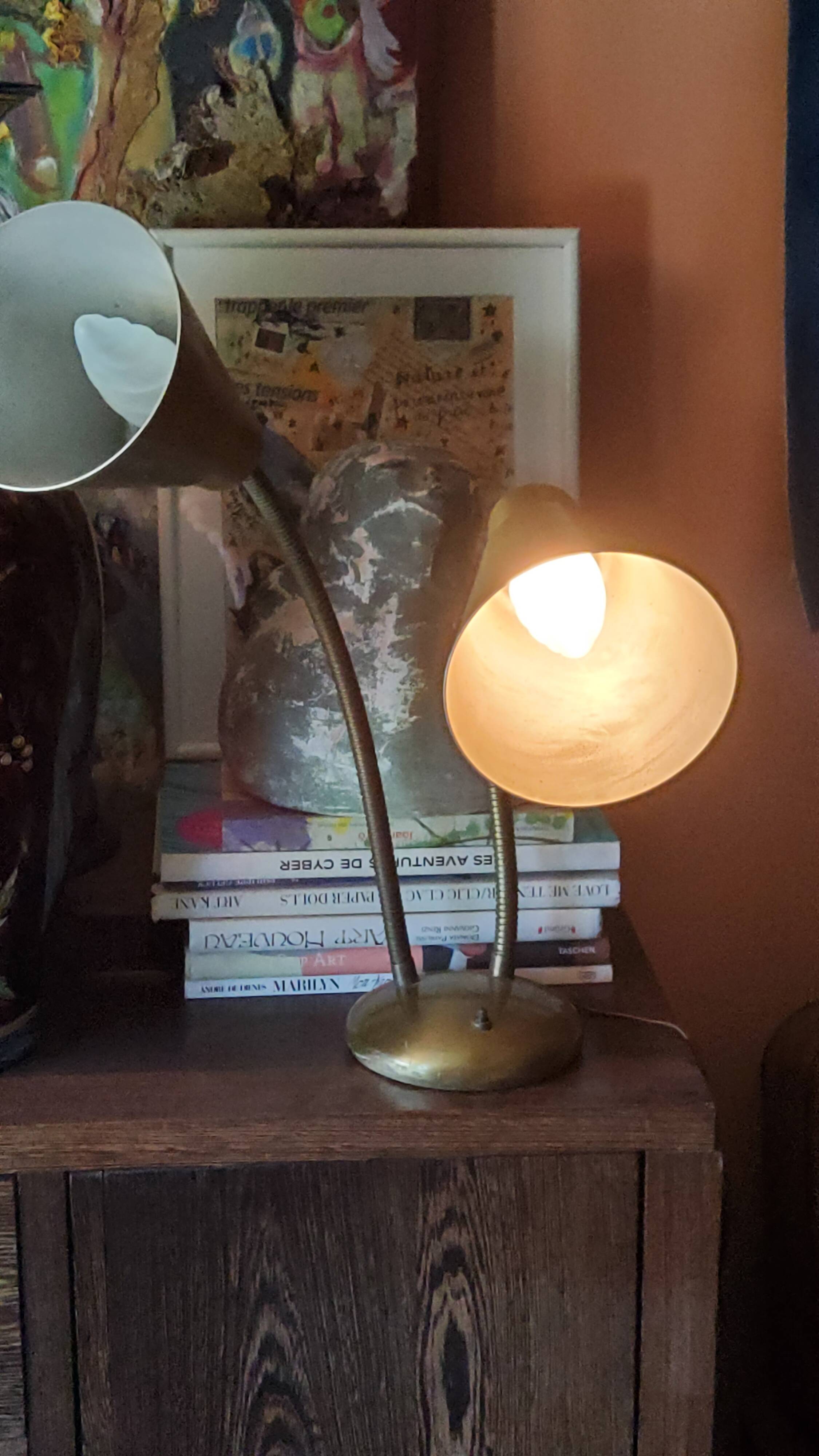 Designer desk lamp in gold metal 2 flexible arms from the 70s