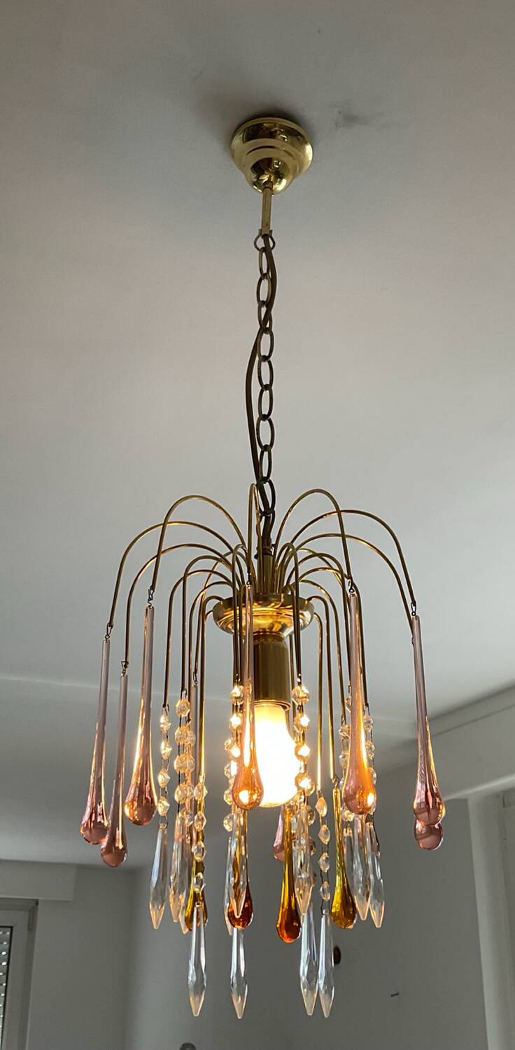 Vintage brass chandelier with glass drop pendants