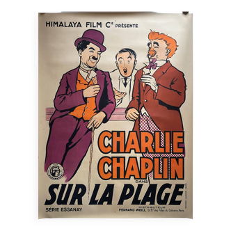 Affiche cinéma originale entoilée "Sur la plage" Charlie Chaplin 120x160cm 20's