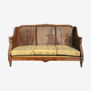 Canapé en cannage & bois fruitier style Louis XVl - XXe