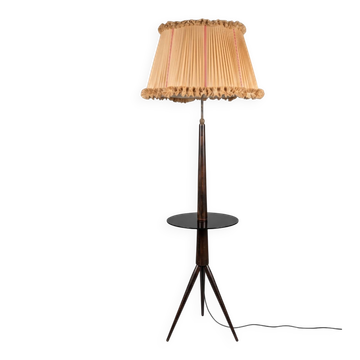 Lampadaire tripode moderne du milieu du siècle avec table d'appoint intégrée des années 1950