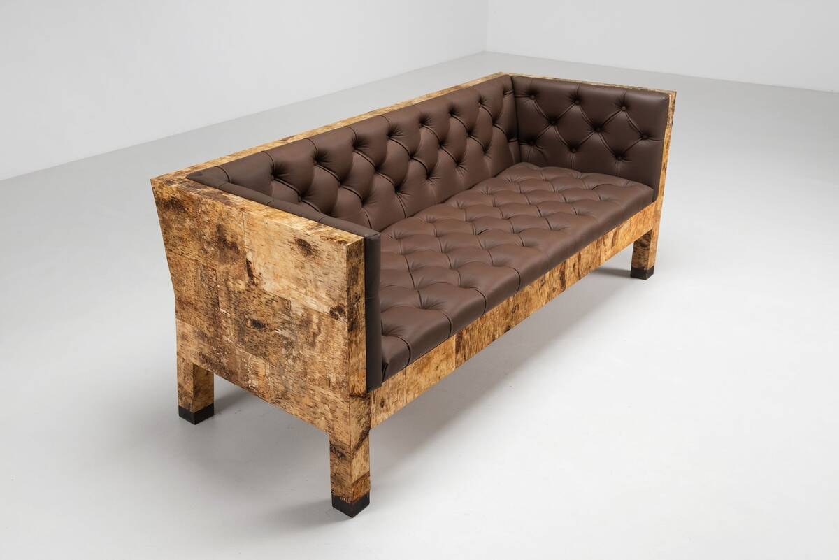 Werner Neumann sculptural birchwood sofa in birch bark and leather, The Netherlands