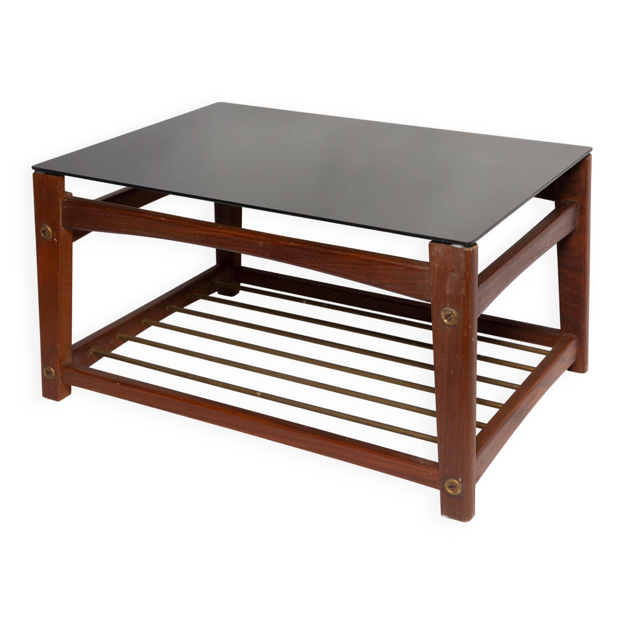 Mid-century Swedish coffee table, black glass and teak wood, 1960s.