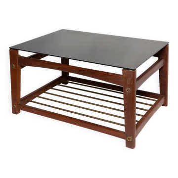 Table basse suédoise du milieu du siècle, verre noir et bois de teck, années 1960