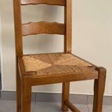Solid oak farm table + 6 straw-seated oak chairs